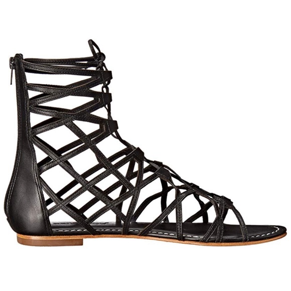 Black Leather Tall Strappy Caged Gladiator Sandal - Picture 4 of 6